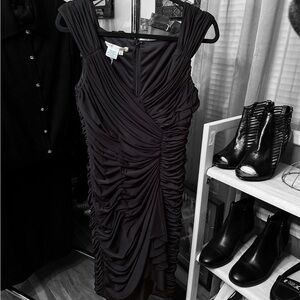 Maggy London Black Ruched Midi Dress